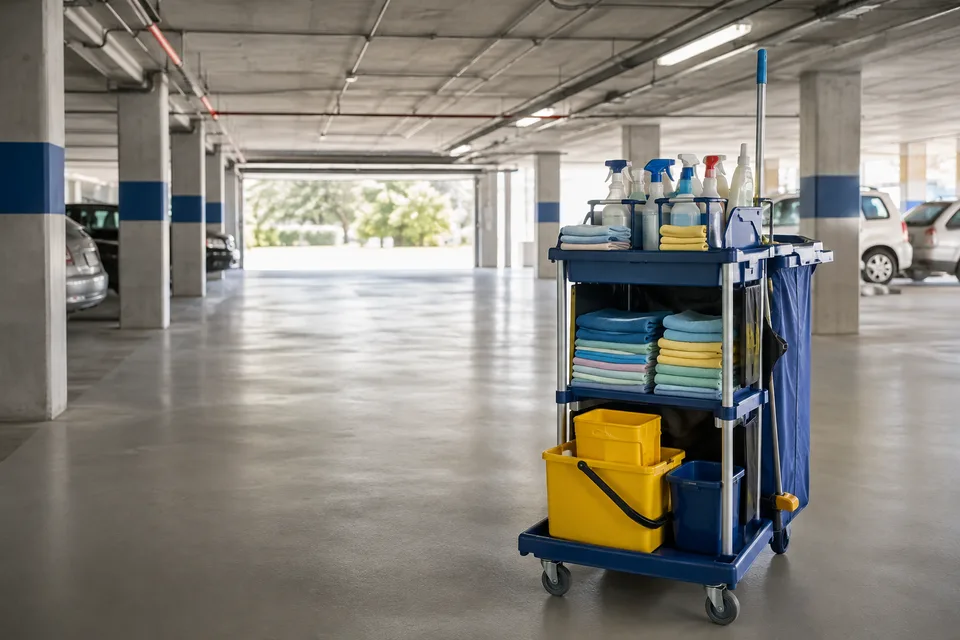 Temiz bir kapalı otoparkta profesyonel temizlik ekipmanları