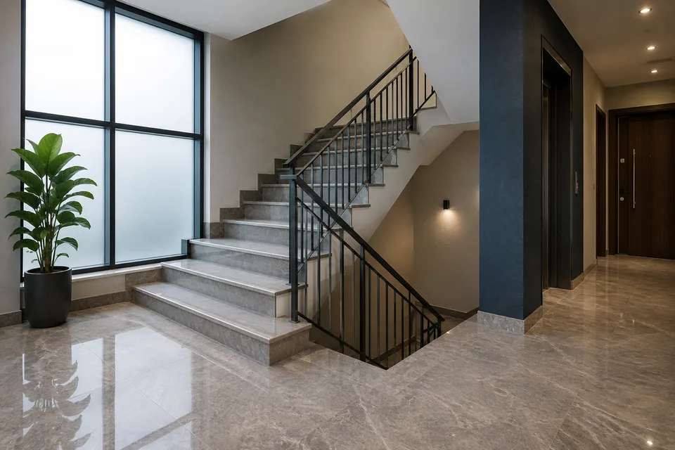 Temiz mermer merdivenler ve apartman sahanlığı