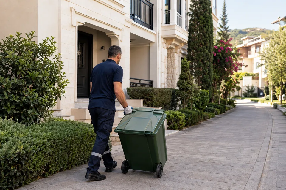 Apartman bahçesinde kapalı çöp konteynerini taşıyan görevliyi gösteren temsili görsel